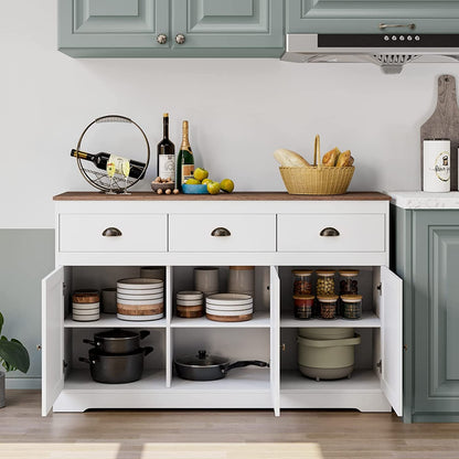 Modern Farmhouse Buffet Cabinet | White with Gold Knobs, Wine Storage, Adjustable Shelves