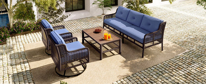 5-Piece Outdoor Swivel Patio Furniture Set with Blue Cushions and Wood Coffee Table