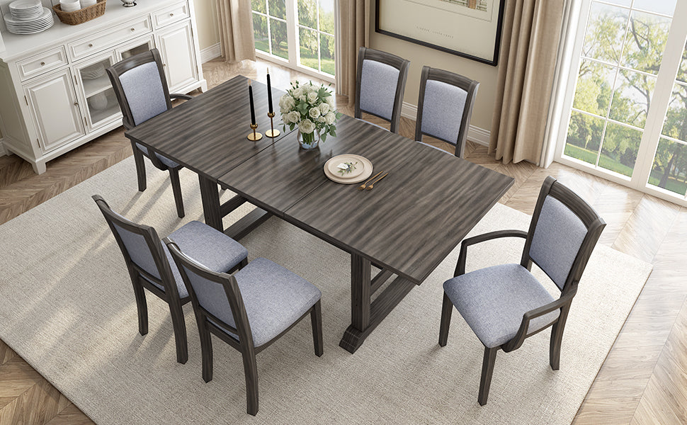 Extendable Trestle Table & Upholstered Linen Chairs