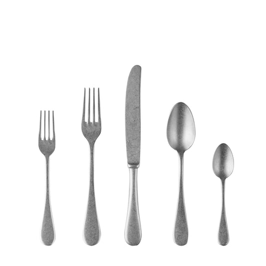 5 Piece Vintage Italian 18/10 Stainless Steel Flatware Set – Double Serrated Knives, Rustic Finish