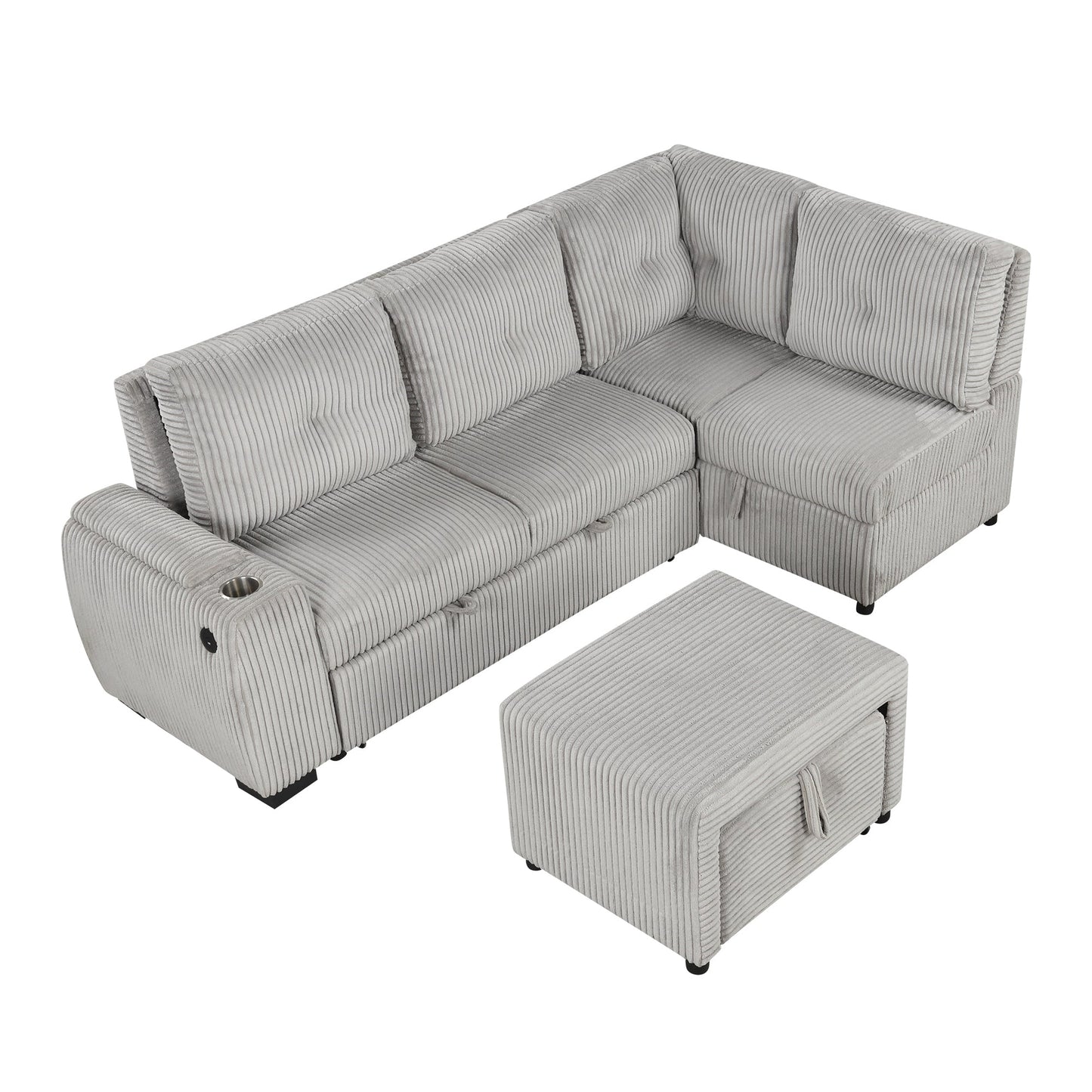 Light Grey Corduroy Sectional Sofa Bed with Built-in USB, Storage, and Movable Ottoman