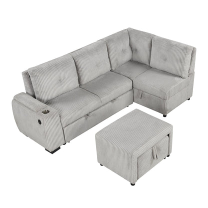 Light Grey Corduroy Sectional Sofa Bed with Built-in USB, Storage, and Movable Ottoman