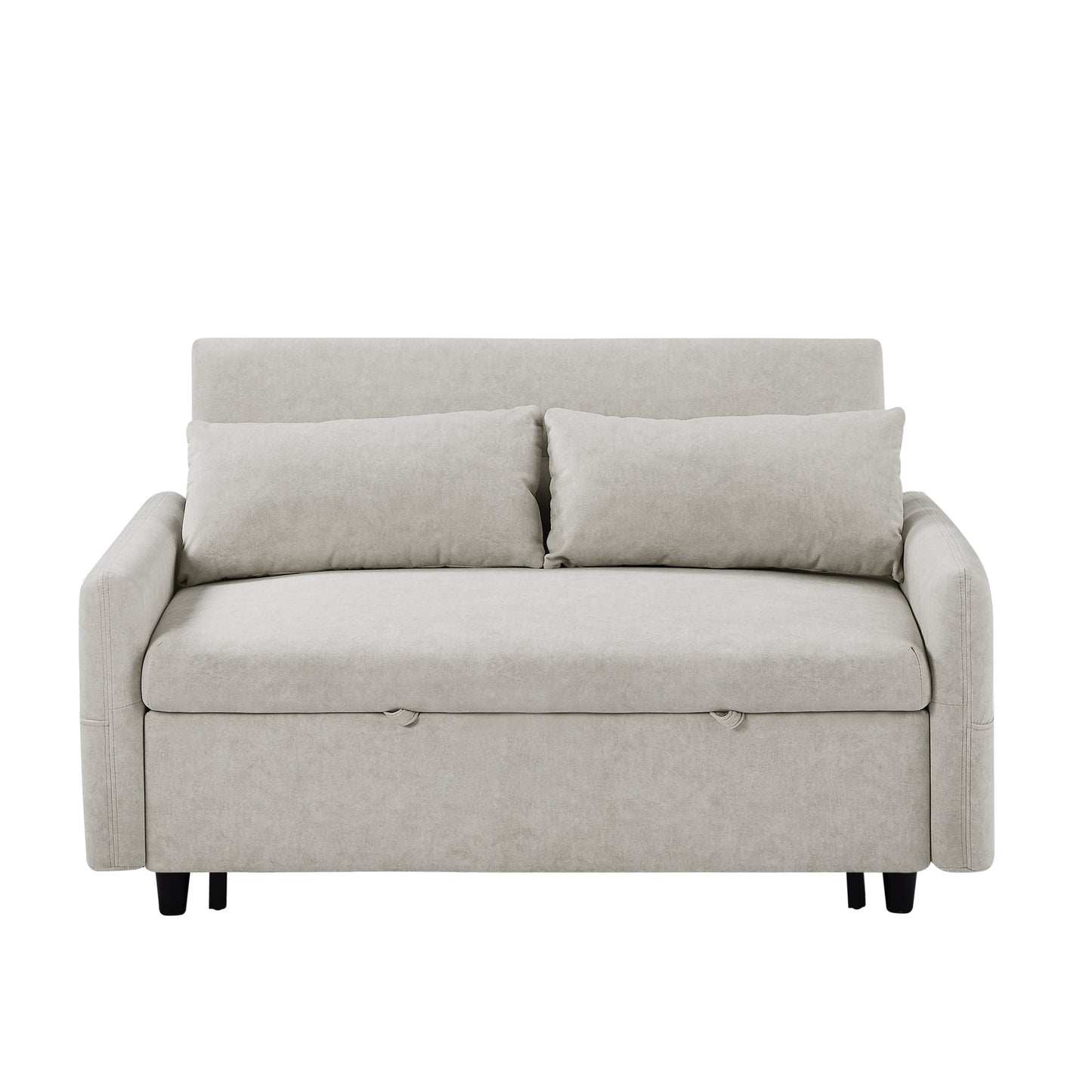 Gray sofa bed with two cushions on a white background