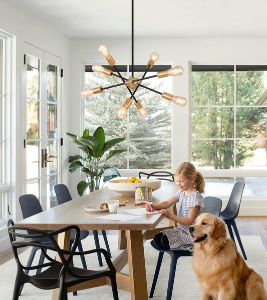 Modern Mid-Century 8-Light Black & Gold Chandelier