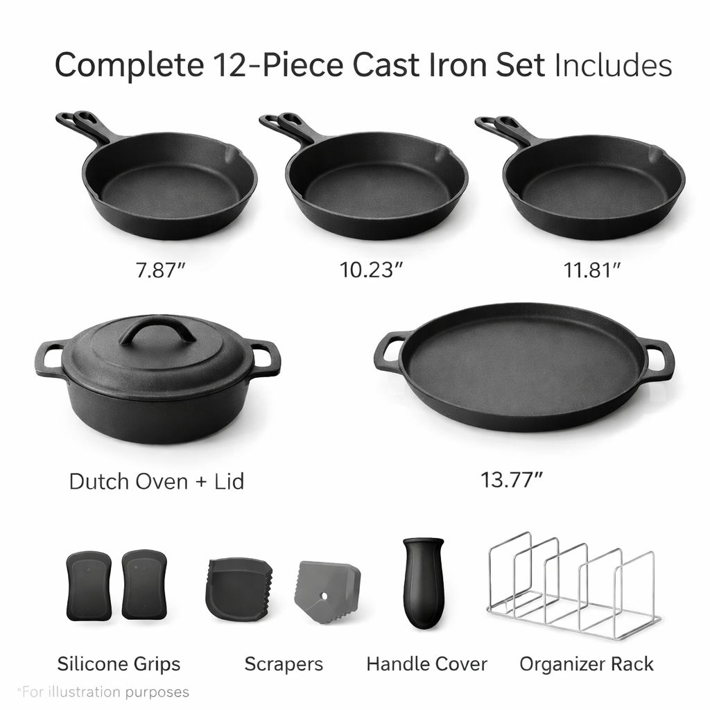 10-piece cast iron cookware set with various components on a white background