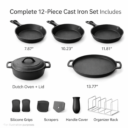 10-piece cast iron cookware set with various components on a white background