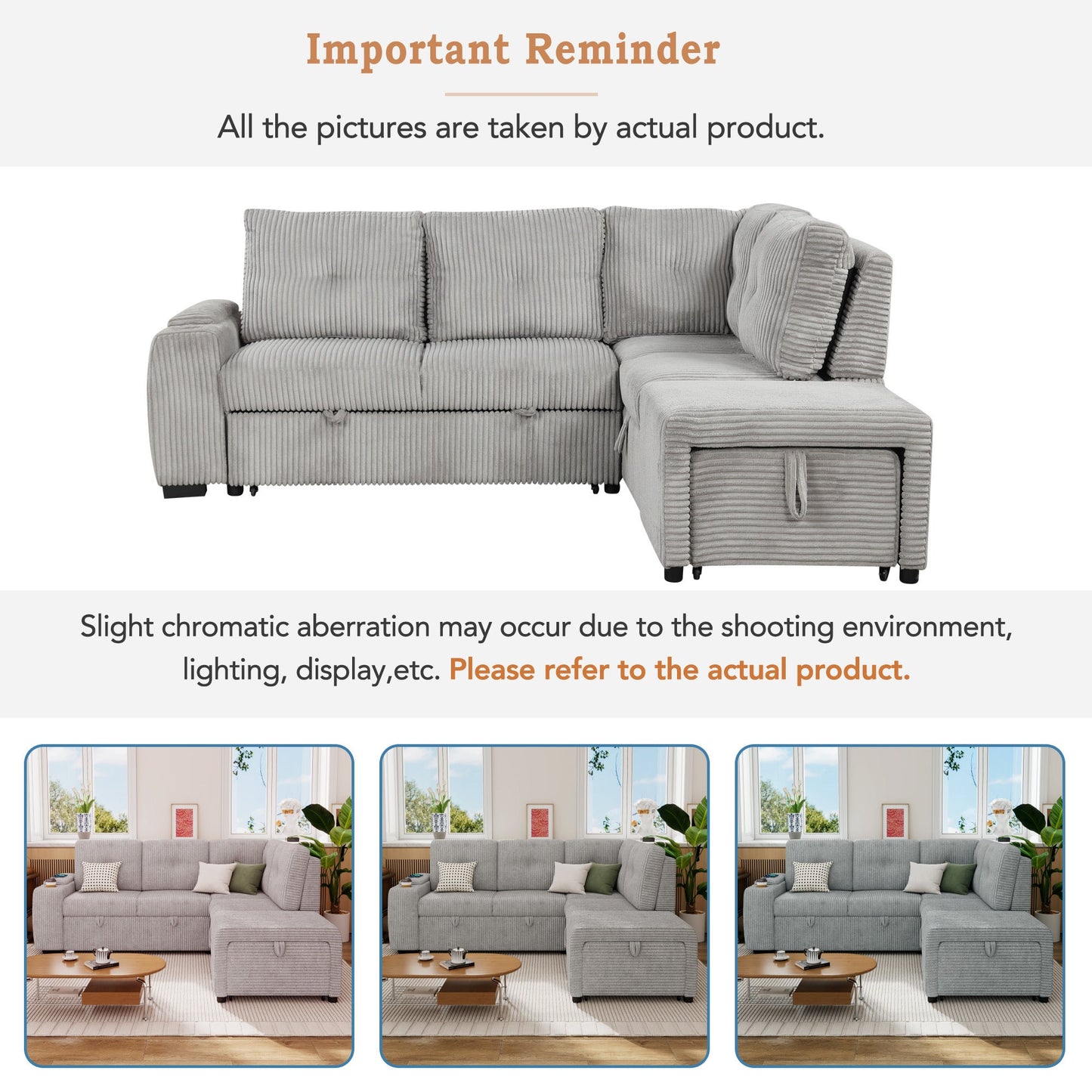 Light Grey Corduroy Sectional Sofa Bed with Built-in USB, Storage, and Movable Ottoman