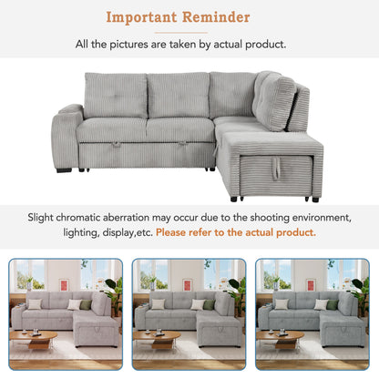 Light Grey Corduroy Sectional Sofa Bed with Built-in USB, Storage, and Movable Ottoman