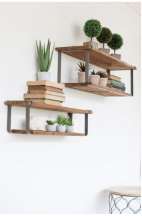 Set of 2 Floating Shelves | Reclaimed Wood & Metal for Wall Decor