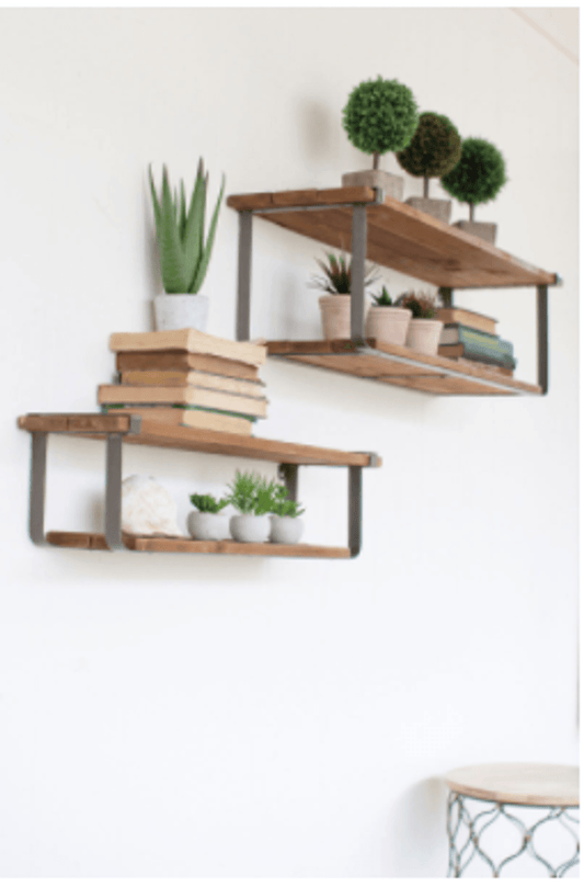 Set of 2 Floating Shelves | Reclaimed Wood & Metal for Wall Decor