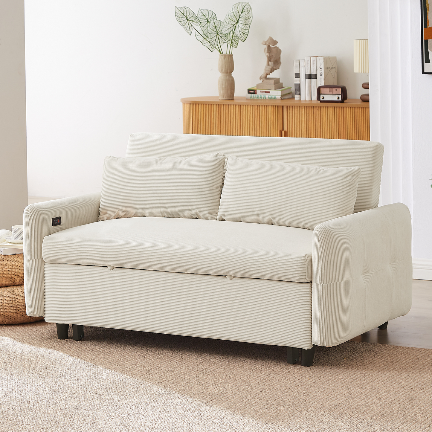 Avery Mid-Century Beige Loveseat Sleeper with Adjustable Backrest