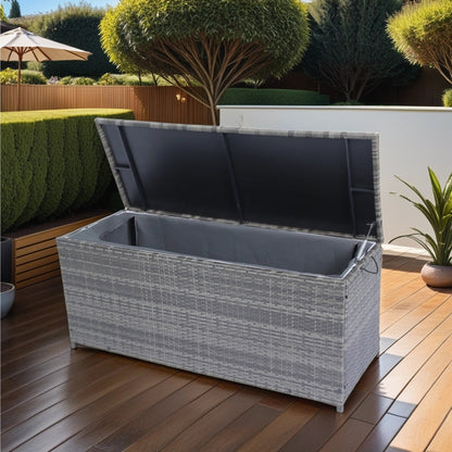 113 Gallon Rattan Deck Box Outdoor Storage Trunk Grey Wicker Patio Side Table