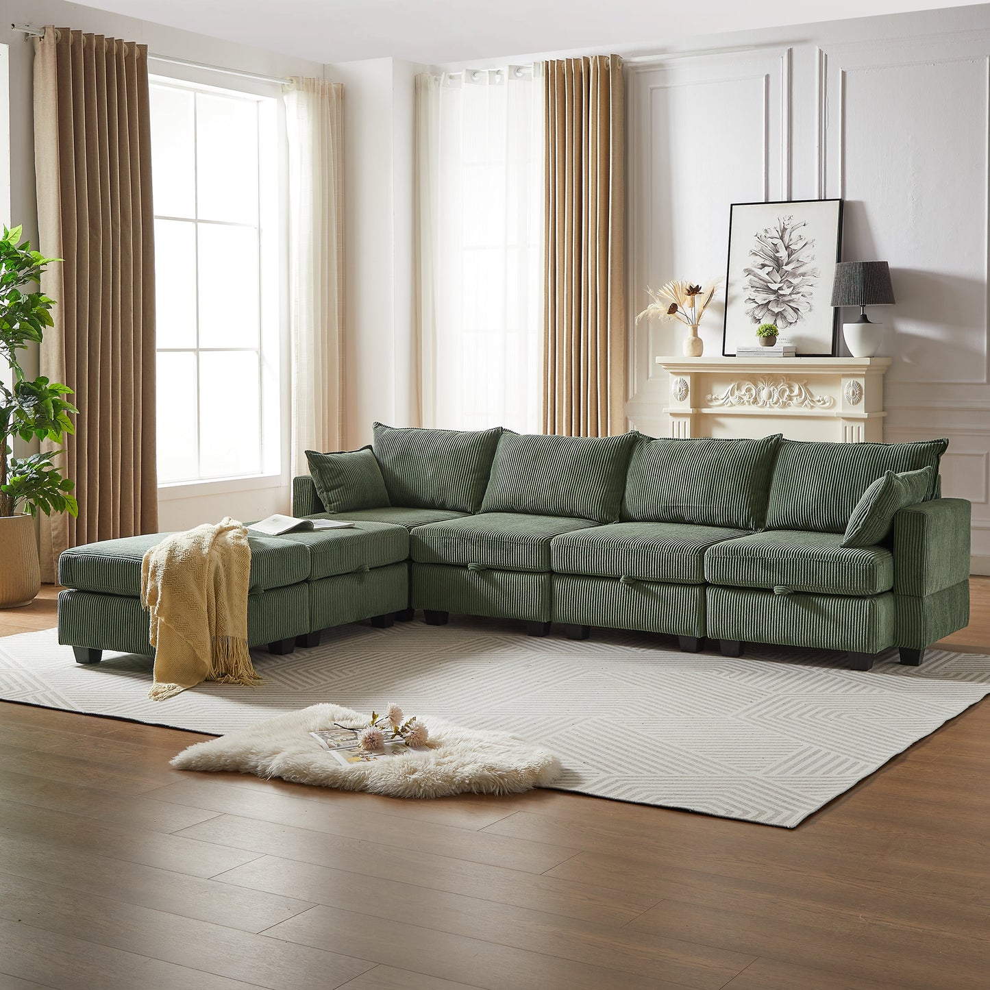 113.5'' Convertible Modular Sofa with Corduroy Fabric & Hidden Storage