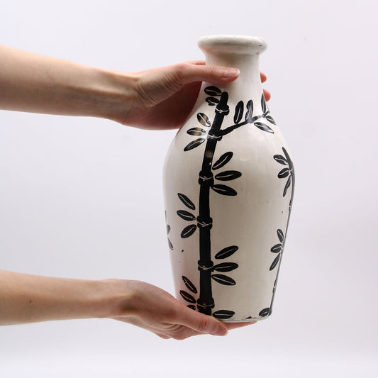 Handcarved Lombok terracotta vase with bamboo motif (32cm tall)