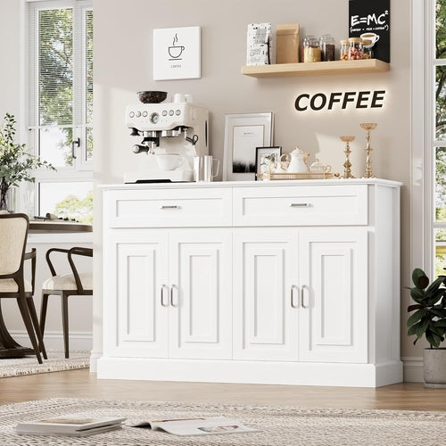 Luxury White Sideboard – 36" Tall Buffet Cabinet with Storage & Silver Pulls