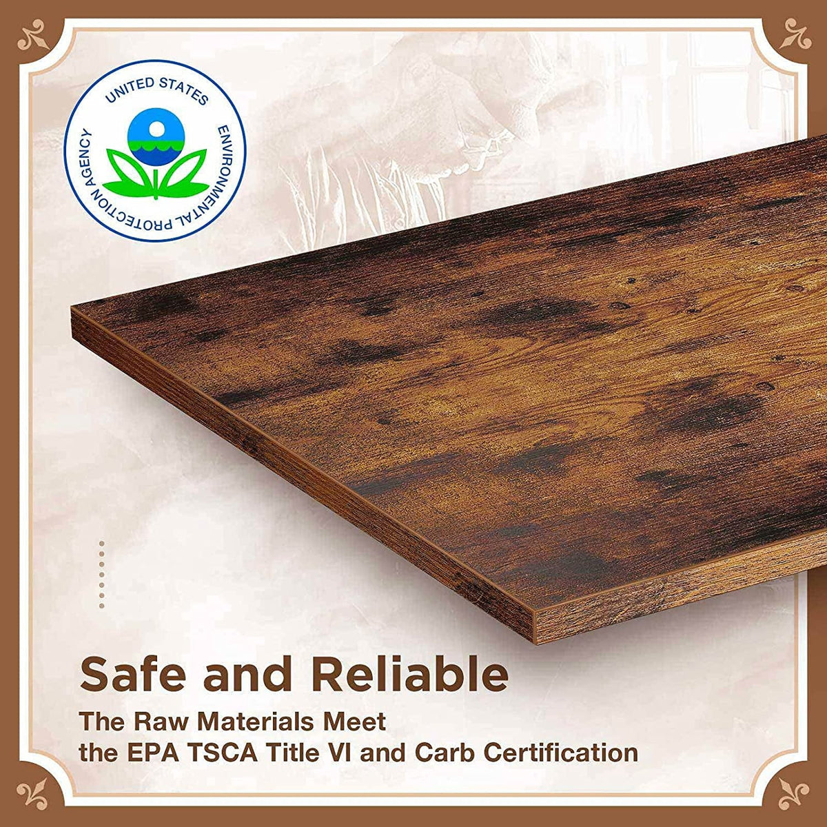 Wooden panel with EPA certification logo and text about safety and reliability on a beige background