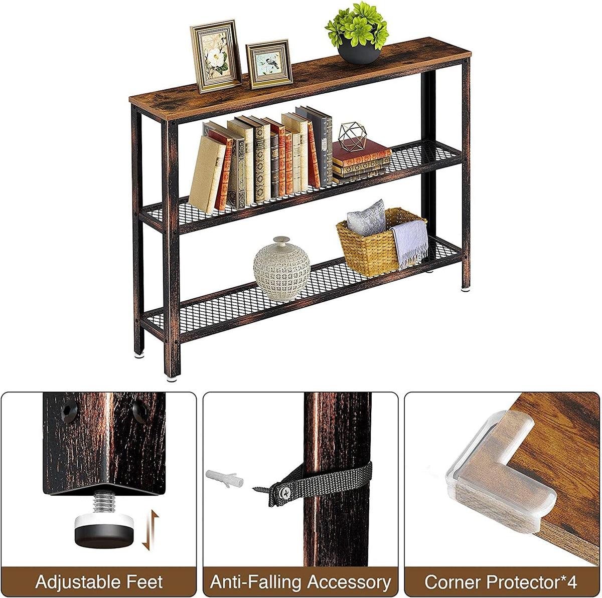 Three-tiered shelf with books, plants, and decorative items on a white background.