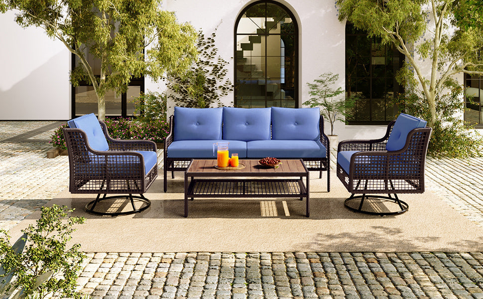 5-Piece Outdoor Swivel Patio Furniture Set with Blue Cushions and Wood Coffee Table