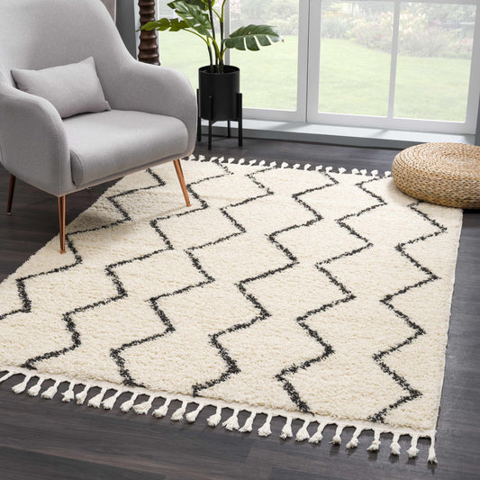 West End Moroccan Trellis Shag Area Rug - Plush 1.18" Pile with Fringed Edges