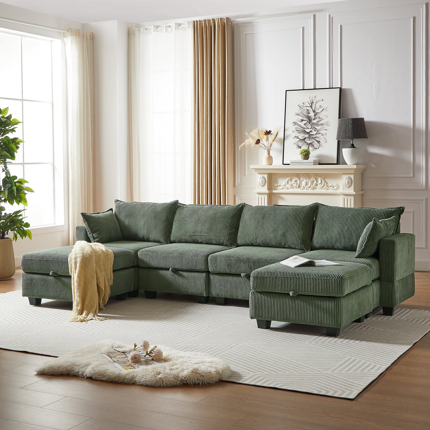 113.5'' Convertible Modular Sofa with Corduroy Fabric & Hidden Storage