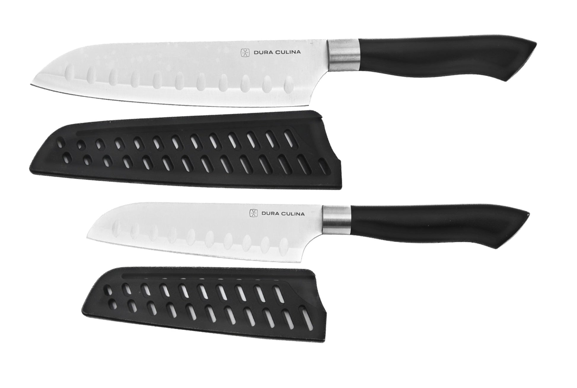 Set of three knives with black handles on a white background