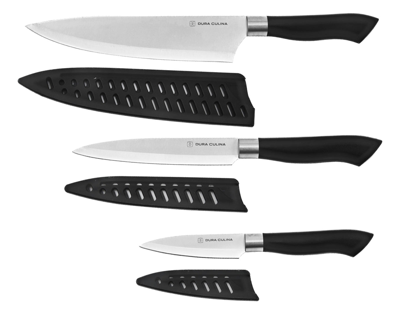 Set of knives with black handles and Dura Culina branding on a white background