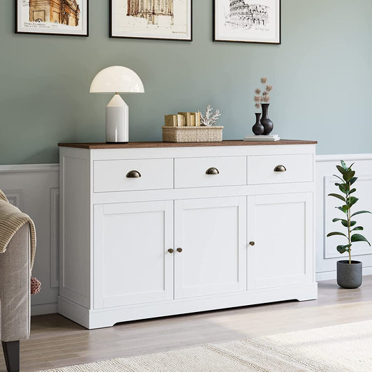 Modern Farmhouse Buffet Cabinet | White with Gold Knobs, Wine Storage, Adjustable Shelves