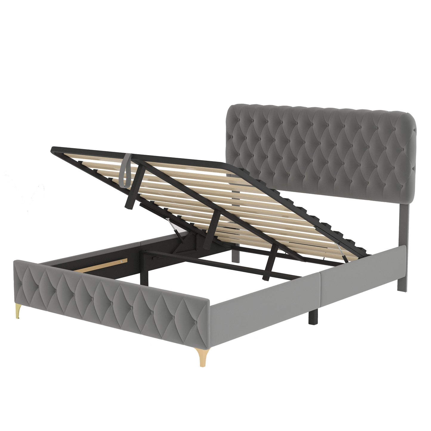 Queen Velvet Platform Bed with Lift-Up Storage