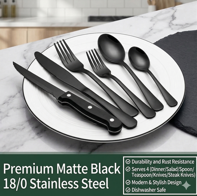 Set of black matte stainless steel cutlery on a white plate with kitchen background