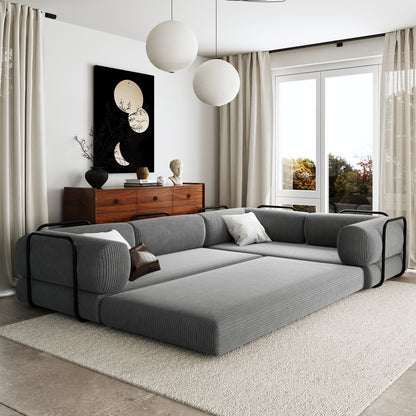 4-Seat Modular Sectional Sofa in Gray Corduroy - Converts to Guest Bed (No Assembly)