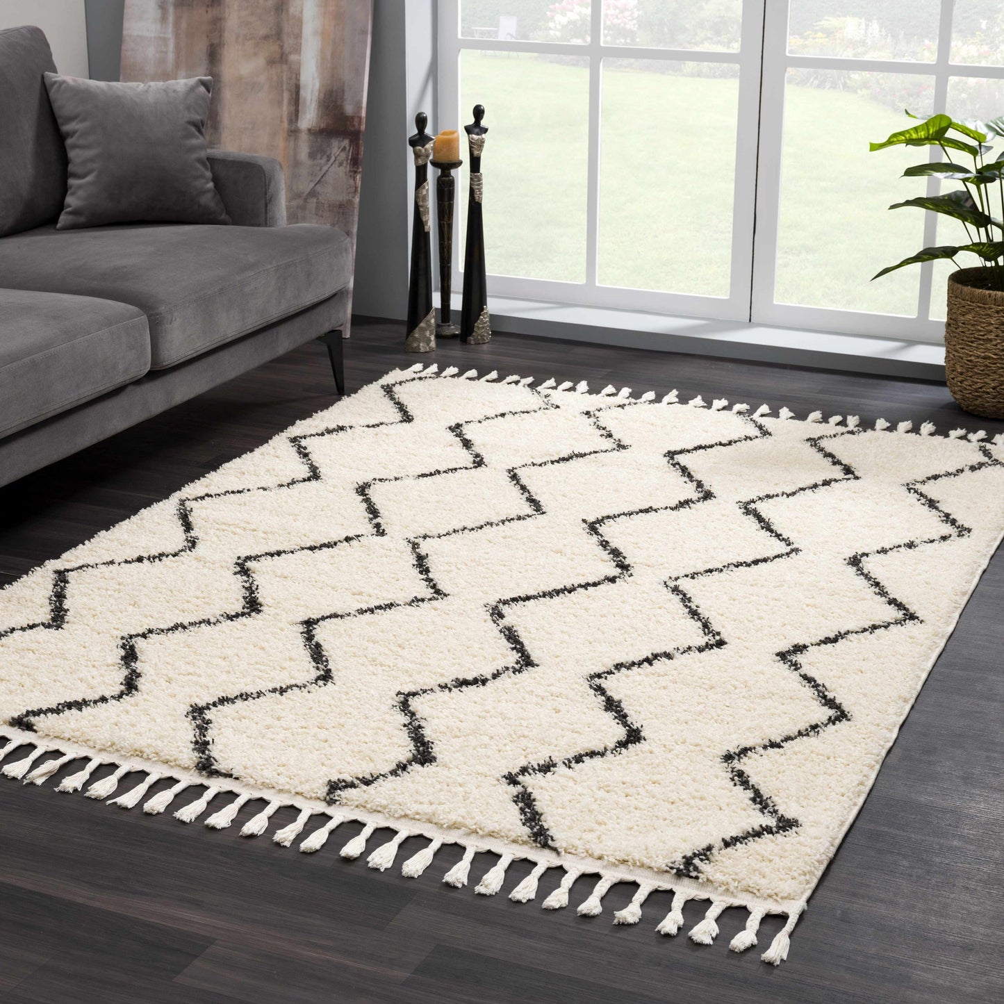 West End Moroccan Trellis Shag Area Rug - Plush 1.18" Pile with Fringed Edges