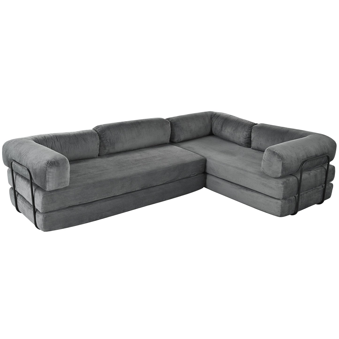 4-Seat Modular Sectional Sofa in Gray Corduroy - Converts to Guest Bed (No Assembly)