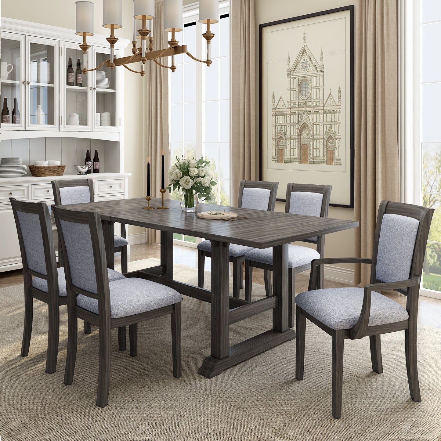 Extendable Trestle Table & Upholstered Linen Chairs