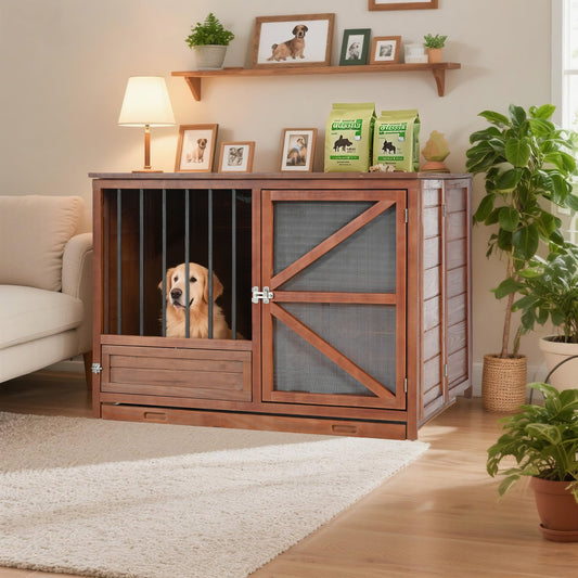 43' Solid Wood Dog Crate Furniture, Foldable Indoor Kennel with 360°