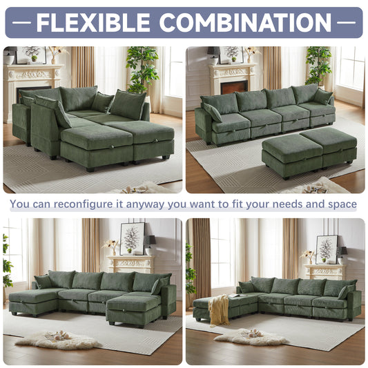113.5'' Convertible Modular Sofa with Corduroy Fabric & Hidden Storage