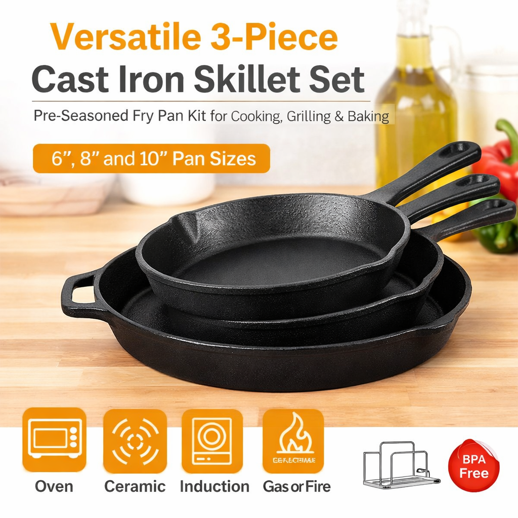 Three cast iron skillets of different sizes on a wooden surface with cooking ingredients in the background.