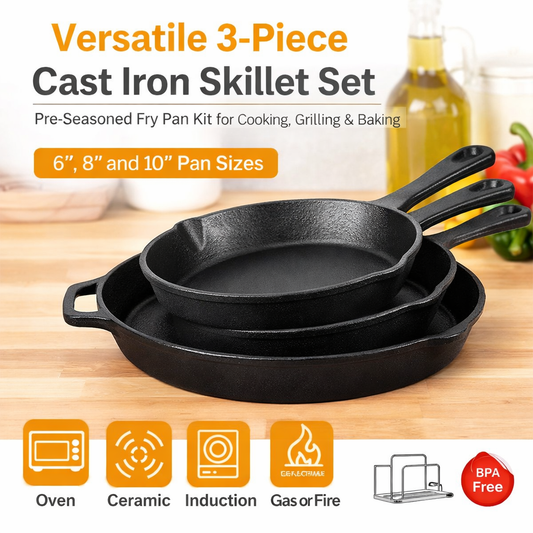Three cast iron skillets of different sizes on a wooden surface with cooking ingredients in the background.