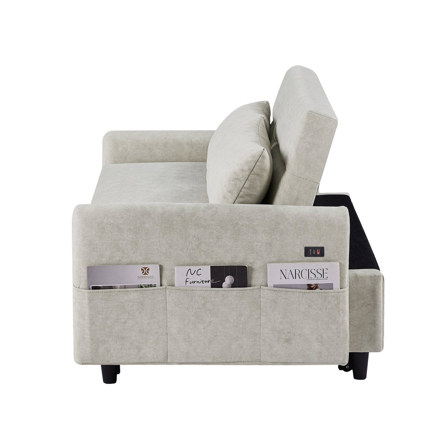 2-Seat Microfiber Sofa Bed with Pillows and Side Storage