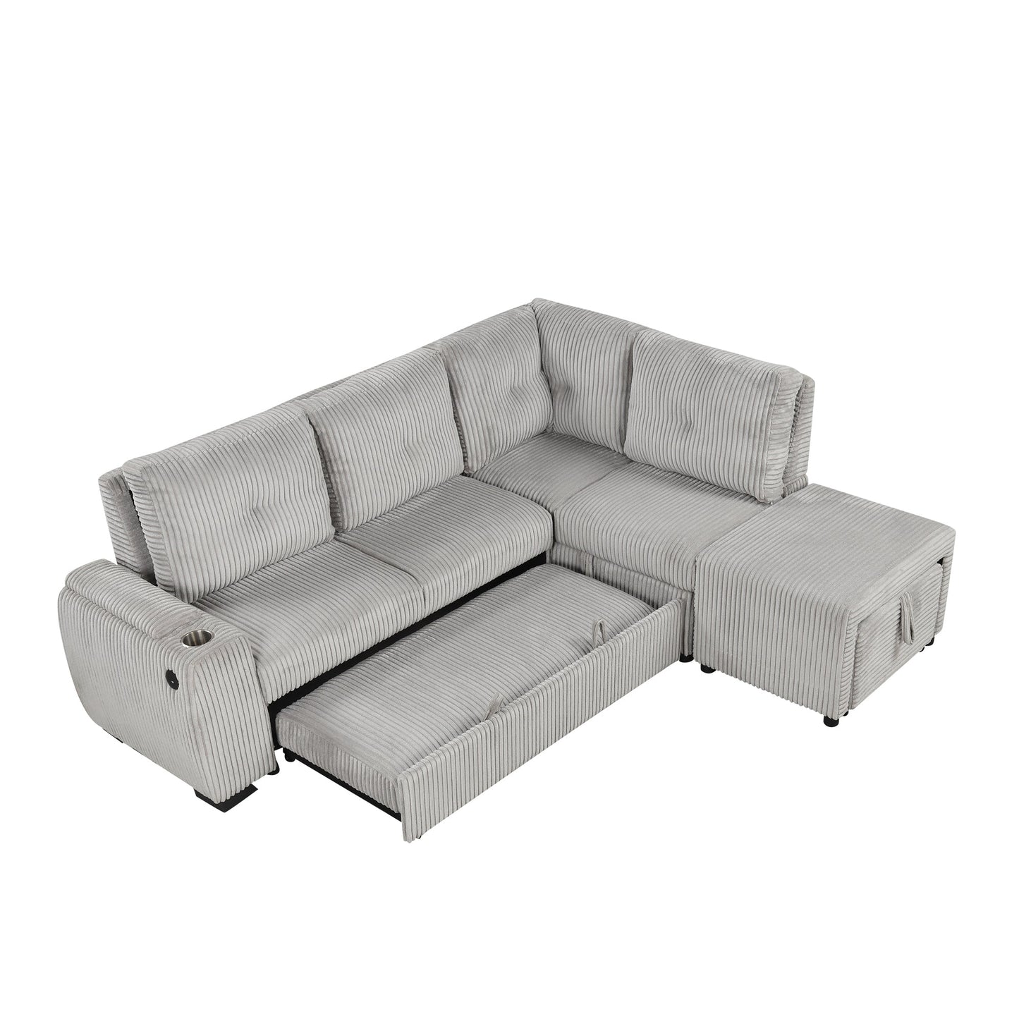 Light Grey Corduroy Sectional Sofa Bed with Built-in USB, Storage, and Movable Ottoman