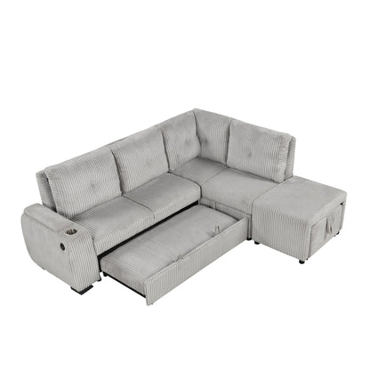 Light Grey Corduroy Sectional Sofa Bed with Built-in USB, Storage, and Movable Ottoman