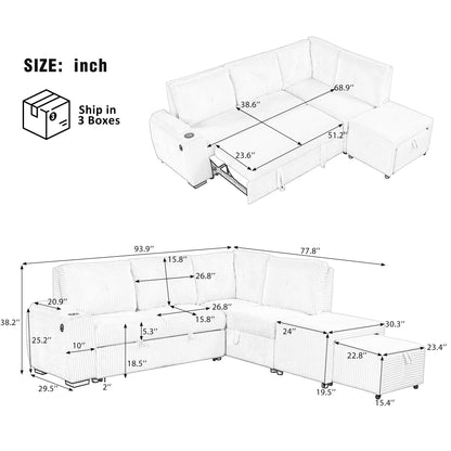 Light Grey Corduroy Sectional Sofa Bed with Built-in USB, Storage, and Movable Ottoman