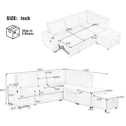 Light Grey Corduroy Sectional Sofa Bed with Built-in USB, Storage, and Movable Ottoman