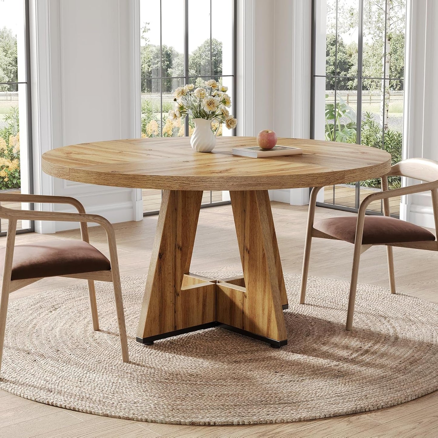 47.24" Round Dining Table for 4-6 People with Sturdy Pedestal Base (Light Brown)