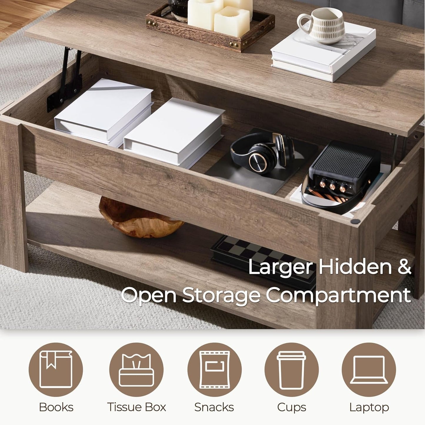 Lift-Top Coffee Table with Hidden Storage & Adjustable Shelf