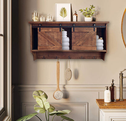 Rustic Wall Shelf with Sliding Barn Door & Hooks