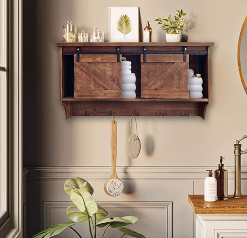 Rustic Wall Shelf with Sliding Barn Door & Hooks