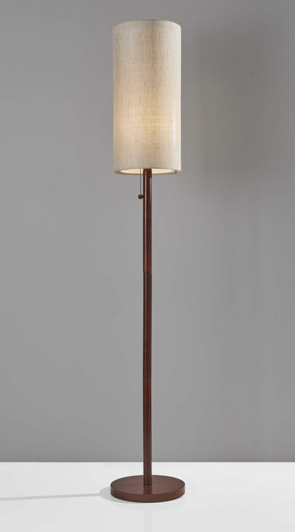 Walnut Wooden Floor Lamp with Double Cylindrical Shade & Pull Chain