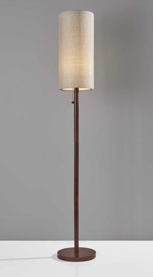 Walnut Wooden Floor Lamp with Double Cylindrical Shade & Pull Chain