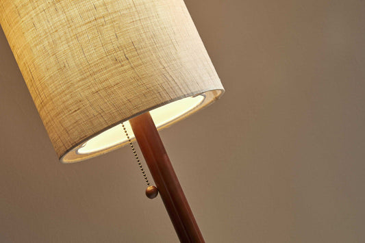 Walnut Wooden Floor Lamp with Double Cylindrical Shade & Pull Chain