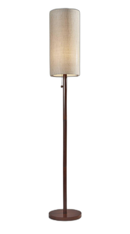 Walnut Wooden Floor Lamp with Double Cylindrical Shade & Pull Chain